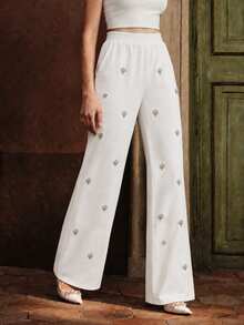 Anewsta Women's Elegant Fashion Casual Sweatpants With Rhinestone Decor For Autumn/Winter, Suitable For Outings, Parties And Holidays - White - View 4