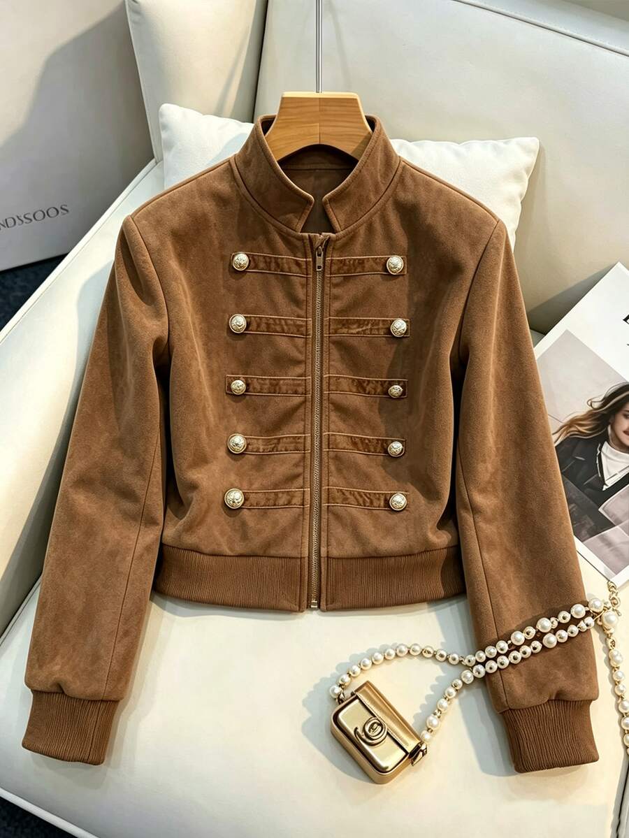 SHEIN Youthful Brown Stand-Collar Zip-Up Ribbed-Sleeve Street-Style Versatile Motorcycle Jacket, Suede-Velvet Loose Coat For Autumn And Winter Wear. - Brown - View 1