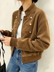 SHEIN 青春棕色立領拉鍊羅紋袖街頭風百搭機車夾克，麂絨鬆弛版外套，適合秋冬穿著 - 棕色 - 查看 7