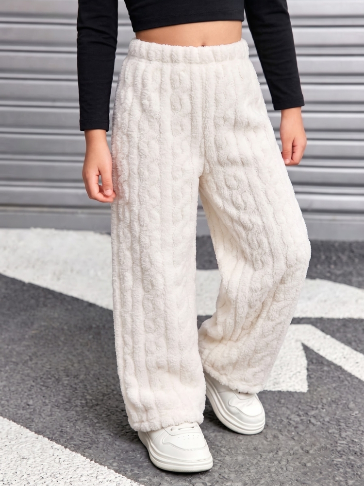 Teen Girls Solid Color High Waist Fuzzy Textured Wide Leg Casual Cute Baggy Pants Soft Cable Knit Jacquard Fabric Floor Length Beach White Fall - White - View 2