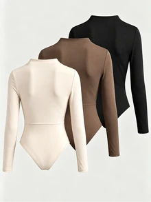 SHEIN LUNE 3Pcs Women's Fall Wrap Cross V Neck Ruched Bodysuit Long Sleeve Solid Slim Fitted Stretchy Basic Body Top Office Beige Shades Of Brown Black Elegant - Multicolor - View 2