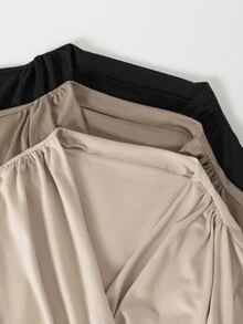 SHEIN LUNE 3Pcs Women's Fall Wrap Cross V Neck Ruched Bodysuit Long Sleeve Solid Slim Fitted Stretchy Basic Body Top Office Beige Shades Of Brown Black Elegant - Multicolor - View 5