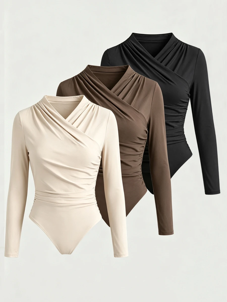 SHEIN LUNE 3Pcs Women's Fall Wrap Cross V Neck Ruched Bodysuit Long Sleeve Solid Slim Fitted Stretchy Basic Body Top Office Beige Shades Of Brown Black Elegant - Multicolor - View 1