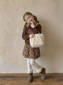 SHEIN Tween女孩可愛蝴蝶結豹紋套裝，厚款衛衣配人造毛領與人造毛裙，秋季必備，適合上學與幼兒遊戲，棕色 - 棕色 - 查看 5