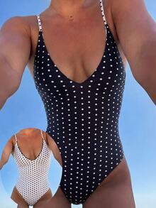 SHEIN Swim 2026 Spring/Summer Yellow Base Brown Polka Dot + Brown Yellow Striped Reversible Adjustable Spaghetti Strap One-Piece Swimsuit - Black and White - View 7