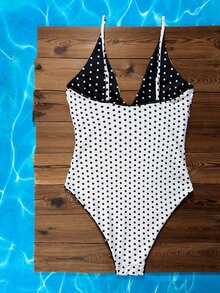 SHEIN Swim 2026 Spring/Summer Yellow Base Brown Polka Dot + Brown Yellow Striped Reversible Adjustable Spaghetti Strap One-Piece Swimsuit - Black and White - View 8