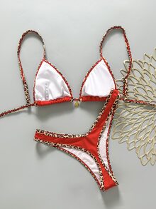 SHEIN Swim Women's Fabric Halter High Cut Bikini Set With Leopard Trim Detail - Multicolor - View 2