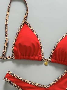 SHEIN Swim Women's Fabric Halter High Cut Bikini Set With Leopard Trim Detail - Multicolor - View 5