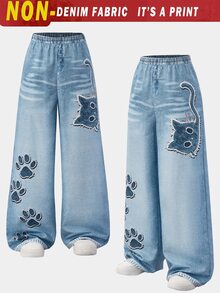 SHEIN Sparklyn Tween Girl Elastic Waist Patchwork Casual Uniform Cute Hip Hop Versatile Everyday Long Pants School Light Blue Fall - Blue - View 5
