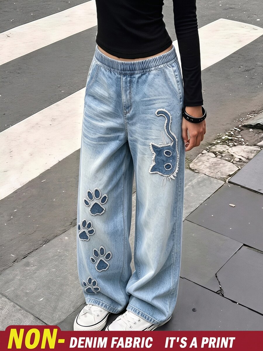 SHEIN Sparklyn Tween Girl Elastic Waist Patchwork Casual Uniform Cute Hip Hop Versatile Everyday Long Pants School Light Blue Fall - Blue - View 1