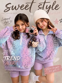 Lilac Purple, Shiny Rainbow Colorful Leopard Print, Girl Casual Comfortable Soft Loose Pullover Half-Zip Sweatshirt, Suitable For Autumn Daily, Chic, Sports, Campus, Music Festival, Back To School, Sweet & Playful Sweet Cool Girl, Energetic Collegiate Style, Personalized Relaxed Fashion, Cyber Sweetheart, Y2K - Multicolor - View 1