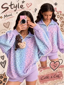Lilac Purple, Shiny Rainbow Colorful Leopard Print, Girl Casual Comfortable Soft Loose Pullover Half-Zip Sweatshirt, Suitable For Autumn Daily, Chic, Sports, Campus, Music Festival, Back To School, Sweet & Playful Sweet Cool Girl, Energetic Collegiate Style, Personalized Relaxed Fashion, Cyber Sweetheart, Y2K - Multicolor - View 4