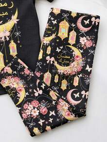 SHEIN 1pc Muslim Girls Black Stars And Moon Design Cute Summer Birthday Homewear Set,Snug Fit Round Neck Short Sleeve Top And Pants For Parties,Outings - Multicolor - View 3