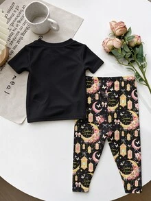 SHEIN 1pc Muslim Girls Black Stars And Moon Design Cute Summer Birthday Homewear Set,Snug Fit Round Neck Short Sleeve Top And Pants For Parties,Outings - Multicolor - View 4