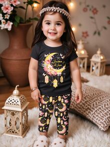 SHEIN 1pc Muslim Girls Black Stars And Moon Design Cute Summer Birthday Homewear Set,Snug Fit Round Neck Short Sleeve Top And Pants For Parties,Outings - Multicolor - View 1