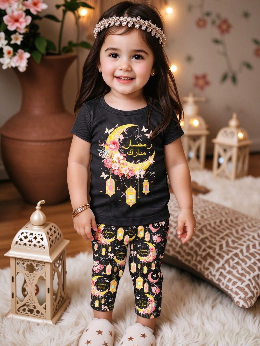 SHEIN 1pc Muslim Girls Black Stars And Moon Design Cute Summer Birthday Homewear Set,Snug Fit Round Neck Short Sleeve Top And Pants For Parties,Outings - Multicolor - View 1