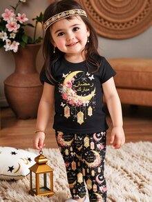 SHEIN 1pc Muslim Girls Black Stars And Moon Design Cute Summer Birthday Homewear Set,Snug Fit Round Neck Short Sleeve Top And Pants For Parties,Outings - Multicolor - View 6