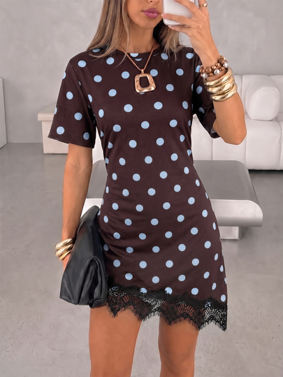 Aloruh Women's Brown & Blue Polka Dot Knit Fitted Dress, Lace Hem Splice, Waist-Cinched Design Flattering Silhouette, Classic Elegant Romantic Short Sleeve Dress, Streetwear & Social Occasion Outfit