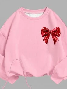 SHEIN Happikins 两件套女童圣诞可爱蝴蝶结印花休闲宽松圆领长袖卫衣和喇叭裤套装，适合秋冬季穿着 - 彩色 - 查看 4