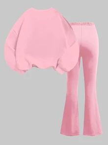 SHEIN Happikins 两件套女童圣诞可爱蝴蝶结印花休闲宽松圆领长袖卫衣和喇叭裤套装，适合秋冬季穿着 - 彩色 - 查看 3