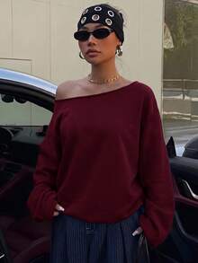 SHEIN EZwear 酒紅色女款露肩寬鬆休閒街頭風長袖衛衣 34號 棉質 早午餐 秋季 - 酒紅色 - 查看 3