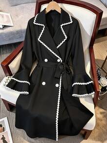 Modelyn Designer Contrast Color Webbing Long Sleeve Tie Cinched Waist Mid-Length Elegant Women's Regular Jacket, Autumn/Winter - Black - View 3