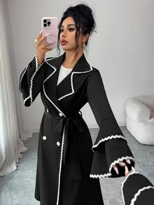 Modelyn Designer Contrast Color Webbing Long Sleeve Tie Cinched Waist Mid-Length Elegant Women's Regular Jacket, Autumn/Winter - Black - View 8