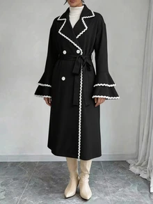 Modelyn Designer Contrast Color Webbing Long Sleeve Tie Cinched Waist Mid-Length Elegant Women's Regular Jacket, Autumn/Winter - Black - View 5