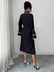 Modelyn Designer Contrast Color Webbing Long Sleeve Tie Cinched Waist Mid-Length Elegant Women's Regular Jacket, Autumn/Winter - Black - View 6