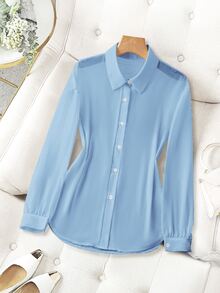 Franclia Classic Collarless Solid Color Sheer Minimalist Shirt Fall Cloth For Women - Blue - View 3