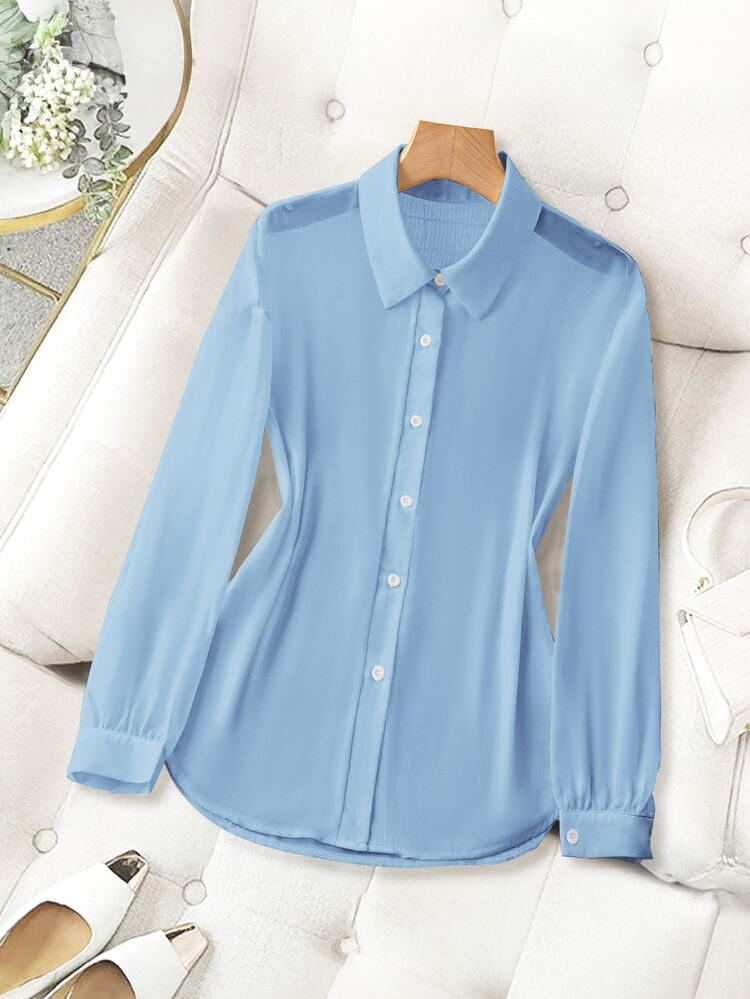 Franclia Classic Collarless Solid Color Sheer Minimalist Shirt Fall Cloth For Women - Blue - View 3