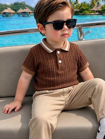 SHEIN 2pcs/Set Baby Boy Textured Fabric Short Sleeve Polo Shirt And Khaki Long Pants Outfit, Baby Boy Clothing
