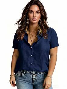 Linhara CURVE Large-Sized Woven Embroidered Casual Summer Shirt For Vacation - Navy Blue - View 1