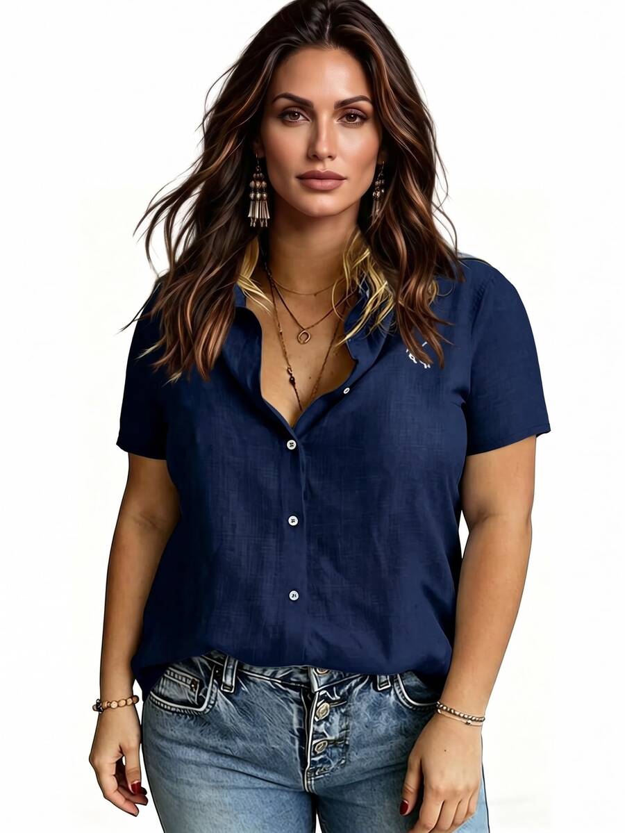 Linhara CURVE Large-Sized Woven Embroidered Casual Summer Shirt For Vacation - Navy Blue - View 1