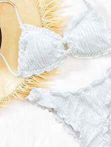 SHEIN Swim Solid Color Jacquard Fabric Cute Frill Trim Tie Strap Casual Beach Bikini Set For Women - White - View 5