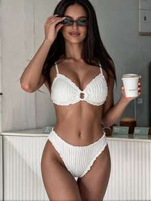 SHEIN Swim Solid Color Jacquard Fabric Cute Frill Trim Tie Strap Casual Beach Bikini Set For Women - White - View 1