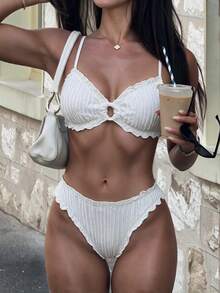 SHEIN Swim Solid Color Jacquard Fabric Cute Frill Trim Tie Strap Casual Beach Bikini Set For Women - White - View 3