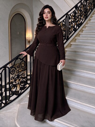 Modelyn Plus Size Women's Burgundy Woven Short Sleeve Cinched Waist With Belt And Button Elegant Romantic Blouse And Chiffon A-Line Skirt 2 Pieces Set
