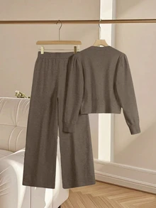 Franclia 2pcs/Set Women Casual Loose Knit Sweater & Pants Loungewear Set, Comfortable & Minimalist Design - Coffee Brown - View 3