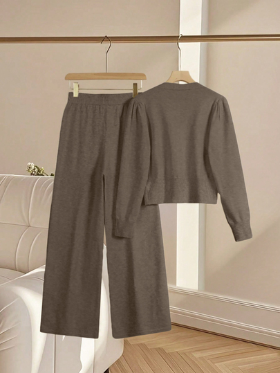 Franclia 2pcs/Set Women Casual Loose Knit Sweater & Pants Loungewear Set, Comfortable & Minimalist Design