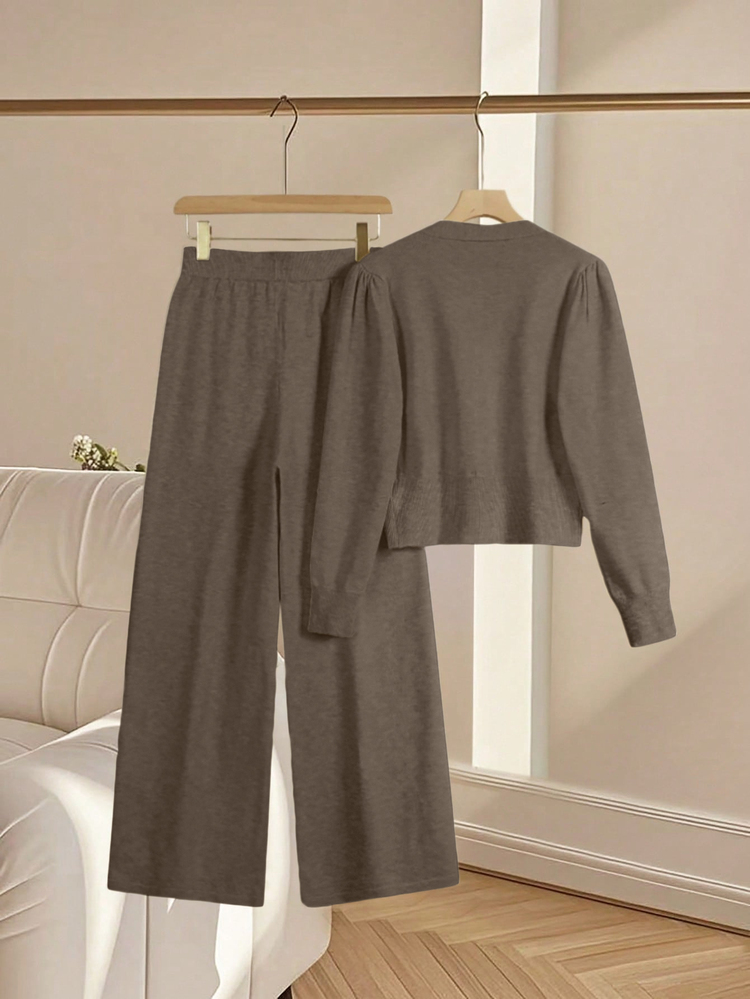 Franclia 2pcs/Set Women Casual Loose Knit Sweater & Pants Loungewear Set, Comfortable & Minimalist Design - Coffee Brown - View 2
