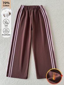 SHEIN 女童秋冬咖啡棕寬鬆長褲，附粉色編織帶運動褲，休閒百搭舒適極簡風，適合日常穿著與運動 - 棕色 - 查看 5