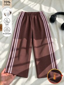 SHEIN 女童秋冬咖啡棕寬鬆長褲，附粉色編織帶運動褲，休閒百搭舒適極簡風，適合日常穿著與運動 - 棕色 - 查看 4