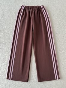 SHEIN 女童秋冬咖啡棕寬鬆長褲，附粉色編織帶運動褲，休閒百搭舒適極簡風，適合日常穿著與運動 - 棕色 - 查看 6