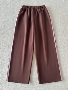 SHEIN 女童秋冬咖啡棕寬鬆長褲，附粉色編織帶運動褲，休閒百搭舒適極簡風，適合日常穿著與運動 - 棕色 - 查看 3