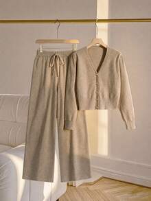 Franclia New Casual Loose Home Wear Comfortable Minimalist Khaki Women's Sweater 2 Pieces Set - Apricot - View 8