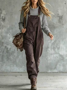 Glimmora Women's Fashion Vintage Adjustable Strap Solid Color Pocket Long Jumpsuit, Autumn/Winter - Rust Brown - View 3