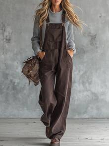 Glimmora Women's Fashion Vintage Adjustable Strap Solid Color Pocket Long Jumpsuit, Autumn/Winter - Rust Brown - View 1