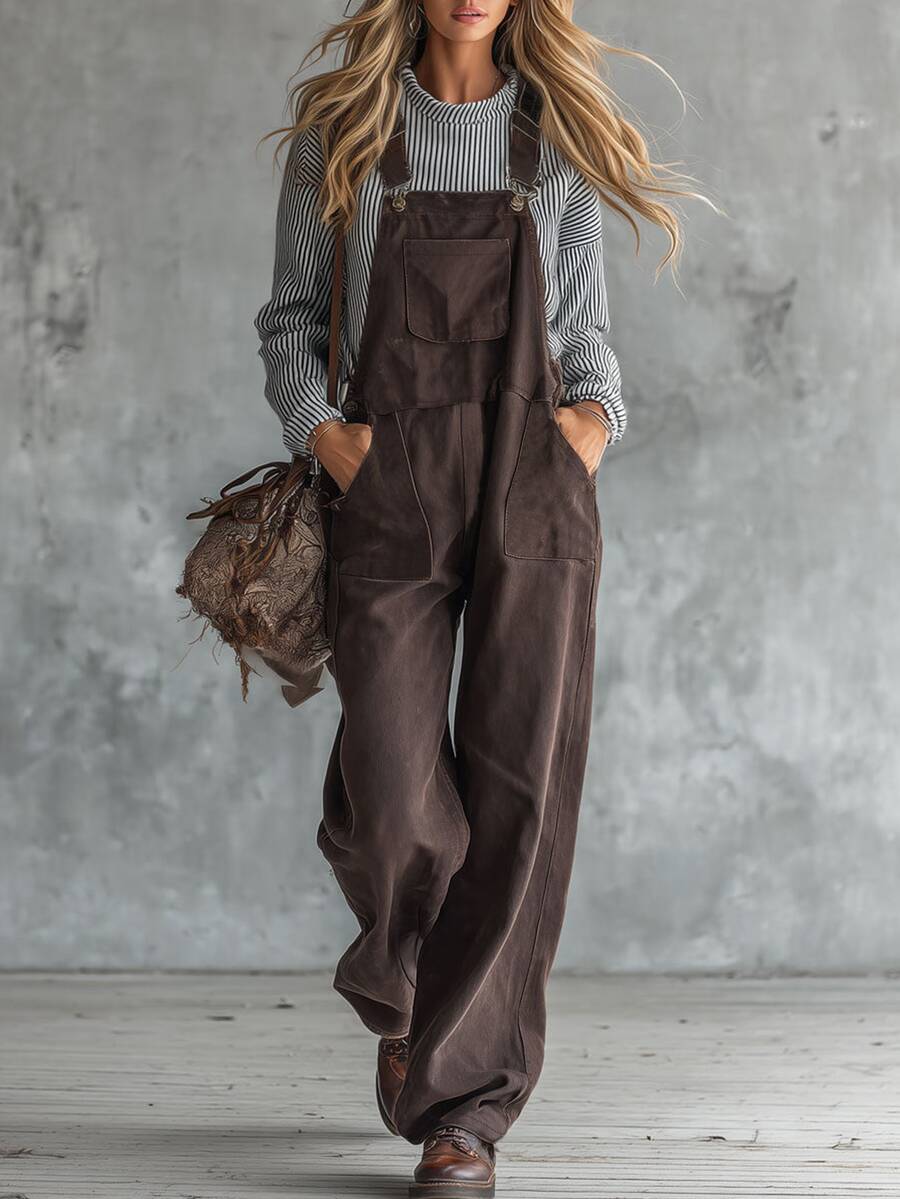 Glimmora Women's Fashion Vintage Adjustable Strap Solid Color Pocket Long Jumpsuit, Autumn/Winter - Rust Brown - View 1