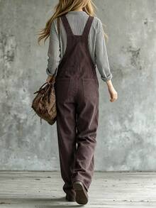 Glimmora Women's Fashion Vintage Adjustable Strap Solid Color Pocket Long Jumpsuit, Autumn/Winter - Rust Brown - View 2